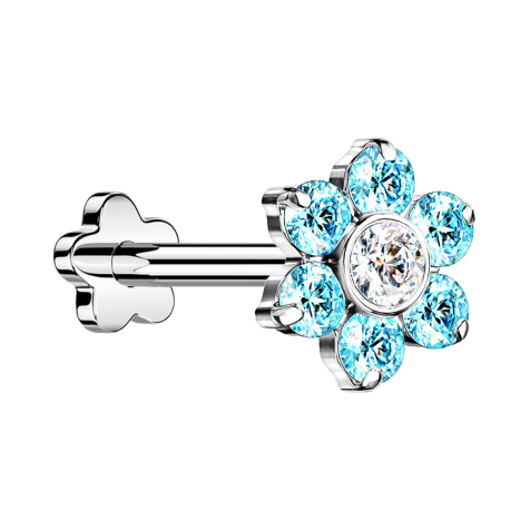 Micro Threadless Labret Flower Silver Flower Crystals Aqua