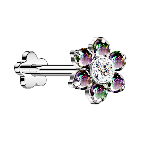 Micro Threadless Labret Flower Silver Flower Crystals Dark Multicolor