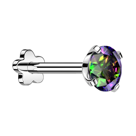 Micro labret sans filetage fleur argent avec cristal foncé multicolore serti