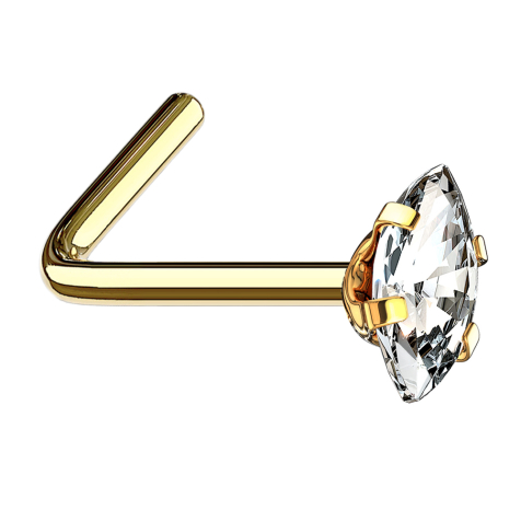 Clou de nez coudé doré ovale cristal argenté serti