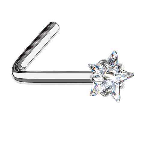 Angled nose stud, silver, crystal star set in silver