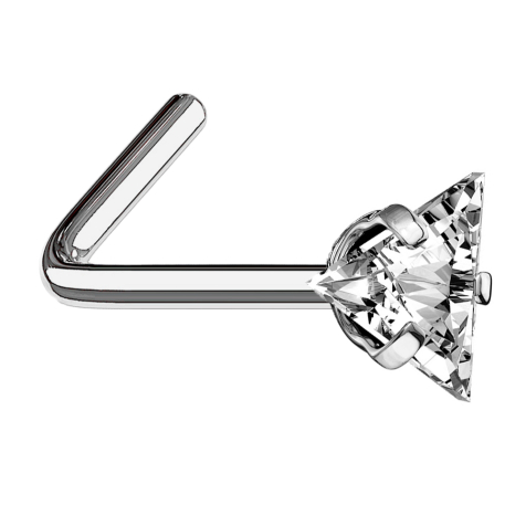 Angled nose stud, silver, triangular crystal set in silver