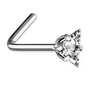 Angled nose stud, silver, triangular crystal set in silver