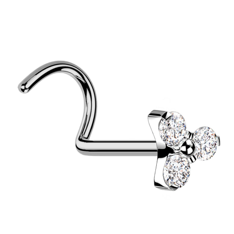 Threadless nose stud, curved, silver, triangle, three crystals, silver