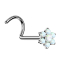 Threadless nose stud, curved, silver, flower, white opal