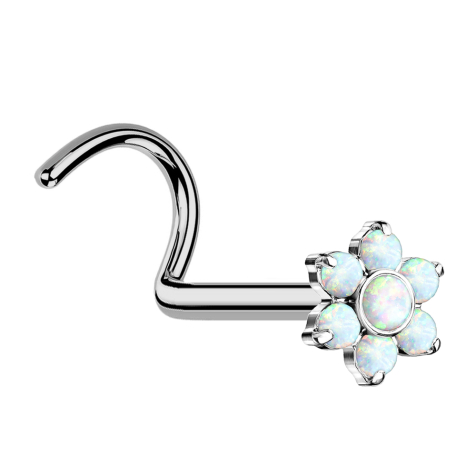 Threadless nose stud, curved, silver, flower, white opal