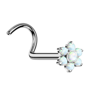 Threadless nose stud, curved, silver, flower, white opal