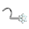 Threadless nose stud, curved, silver, flower, white opal
