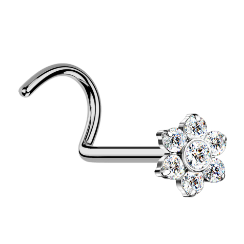 Threadless nose stud, curved, silver, flower, crystals, silver