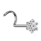 Threadless nose stud, curved, silver, flower, crystals, silver