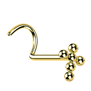 Curved gold-plated nose stud with cross and balls