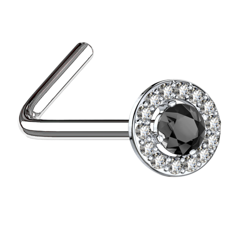 Clous de nez coudés argent cercle de cristal avec grand cristal noir