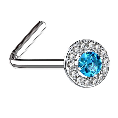 Nose stud angled silver crystal circle with large aqua crystal