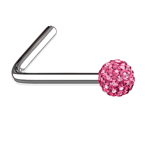 Angled nose stud silver crystal ball pink