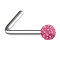 Angled nose stud silver crystal ball pink