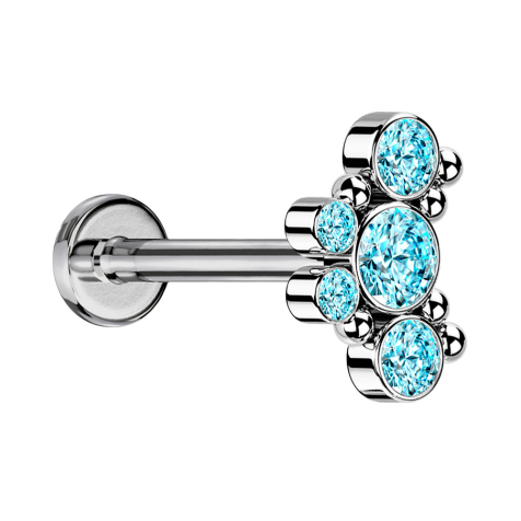 Micro labret internal thread silver six balls five crystals aqua