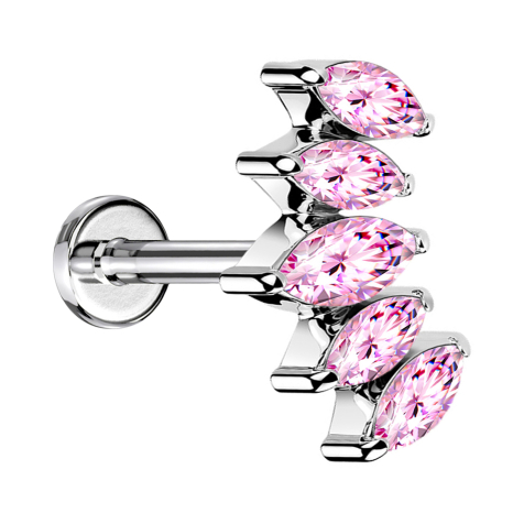 Micro labret filo interno argento ventaglio con cinque cristalli rosa