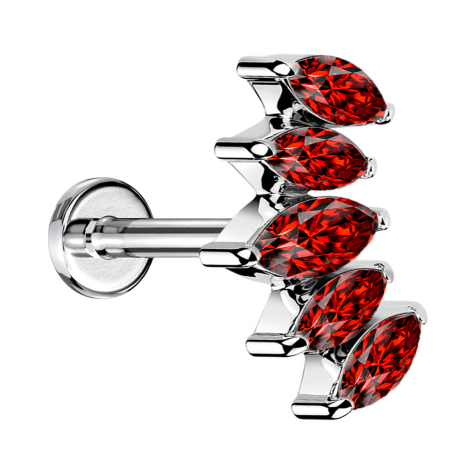 Micro Labret Innengewinde silber Fächer mit fünf Kristalle rot