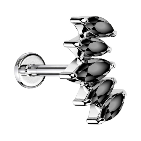 Micro Labret Innengewinde silber Fächer mit fünf Kristalle schwarz