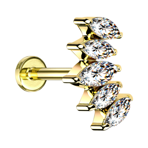 Micro labret filo interno ventaglio placcato oro con cinque cristalli argento