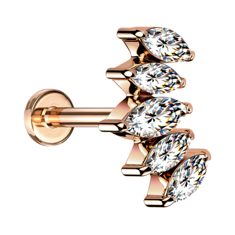 Micro Labret Innengewinde rosegold Fächer mit fünf Kristalle silber