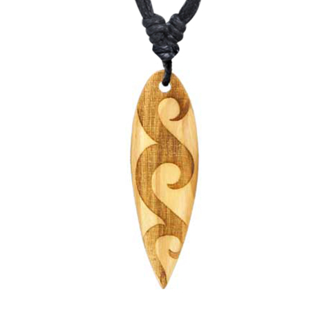 Collier noir pendentif Surf gravure trois vagues en bois dolivier