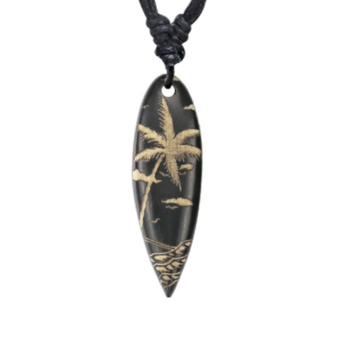 Collana nera ciondolo surf incisione spiaggia in legno di coccodrillo