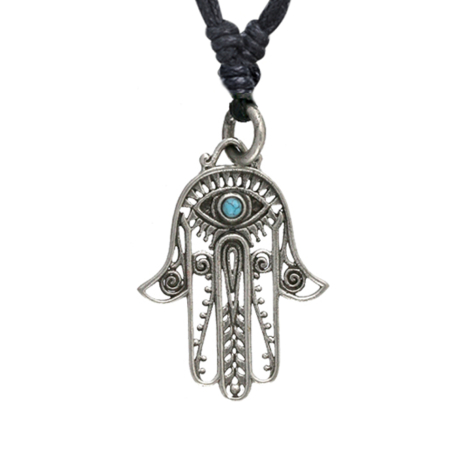 Collier noir pendentif hamsa argent avec pierre turquoise