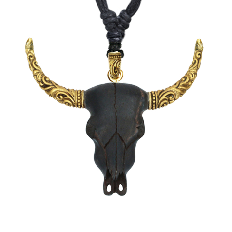 Necklace black pendant gold-plated water buffalo skull made of ironwood