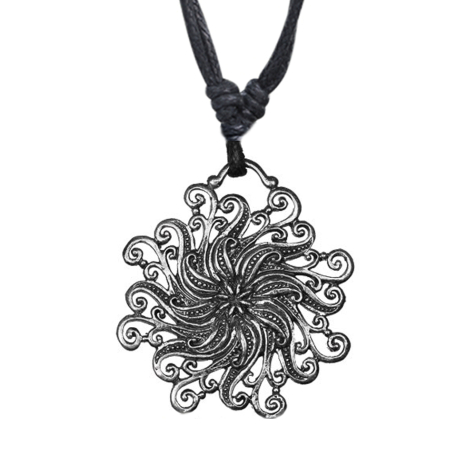 Necklace black pendant silver sun with small star