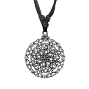 Collier noir pendentif argent fleur mandala