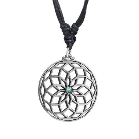 Collier noir pendentif argent fleur de lotus avec pierre turquoise