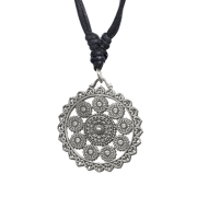 Necklace black pendant silver mandala flowers