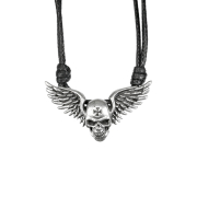 Necklace black pendant silver skull with wings