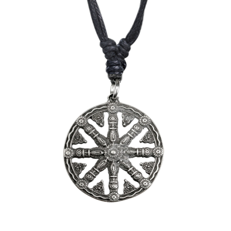 Necklace black pendant silver wheel