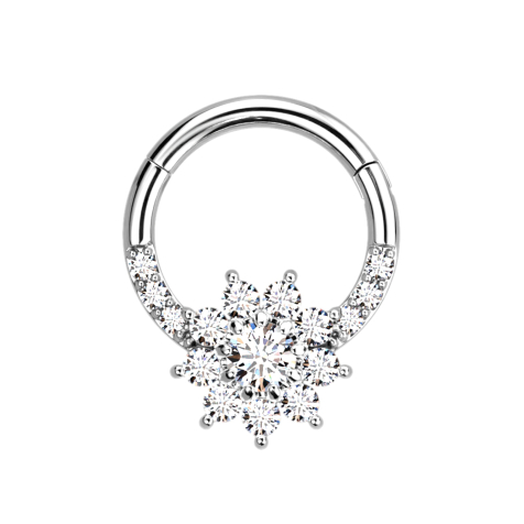 Micro segment ring hinged silver front crystals silver and flower