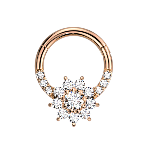 Anello a micro segmenti con cerniera in oro rosa e cristalli argento e fiore