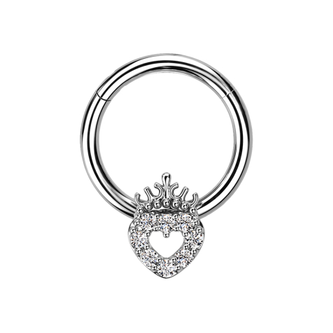 Micro anneau segment pliable argent cœur avec cristaux argent et couronne