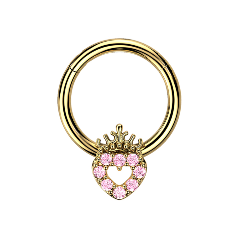 Micro segment ring hinged gold-plated heart with pink crystals and crown