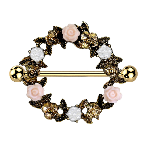Barbell vergoldet mit zwei Kugeln Blumenkranz