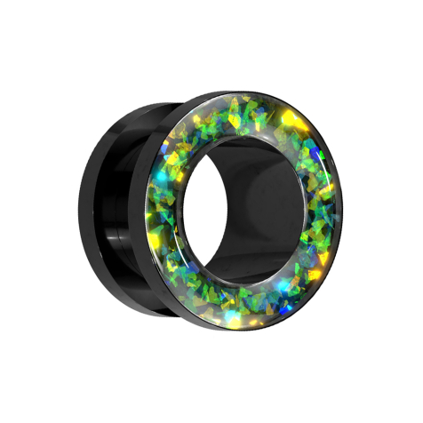 Flesh tunnel black with green opal glitter rim