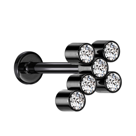 Micro Labret filetage intérieur noir croix six cristaux argentés