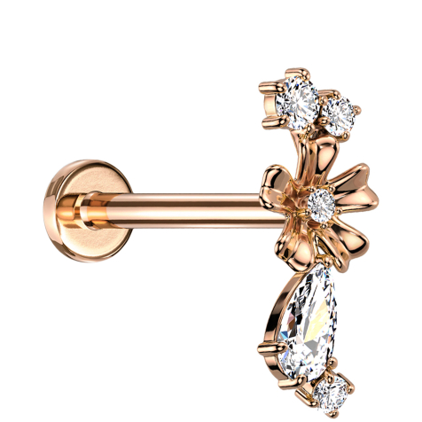Micro Labret Innengewinde rosegold Blume vier Kristalle und Kristalltopfen silber