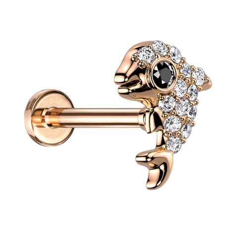 Micro labret filo interno oro rosa delfino con cristalli argento