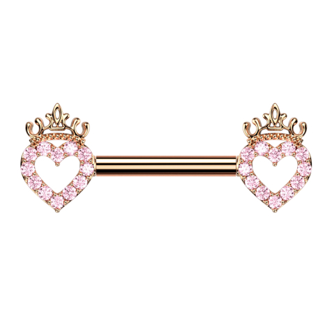 Barbell rose gold heart and crown crystals pink