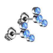Threadless stud earrings, silver, three blue opals
