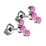 Threadless stud earrings, silver, three pink opals