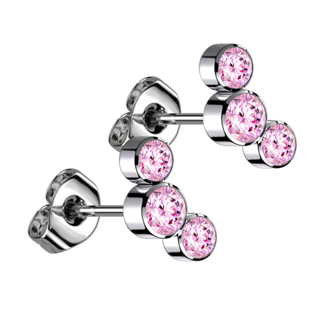 Threadless stud earrings, silver, three pink crystals