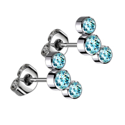 Threadless stud earrings, silver, three crystals, aqua