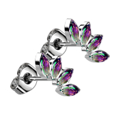 Threadless stud earrings, silver fan design with four...